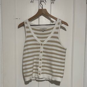 LOFT Tan and White Striped Button-Up Tank Top